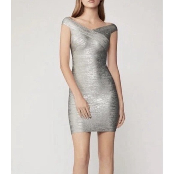 Herve Leger Dresses & Skirts - NWT Herve Leger Silver Criss Cross Foil Dress, Size Small 4-6.